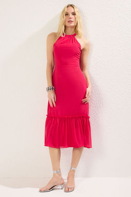 Fusya A Kesim Volanl? Midi Dokuma Elbise TWOSS19LJ0200