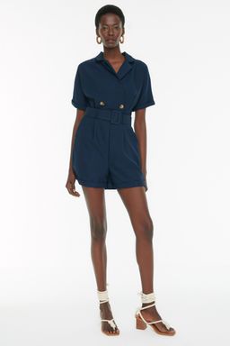 Lacivert Kemerli Kurvaze Yaka Mini Dokuma Tulum TWOSS19WX0112