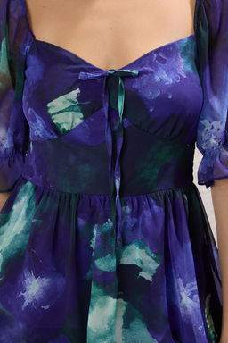 Mor Cicekli Belden Ac?lan Gipeli Kalp Yaka Mini Astarl? Dokuma Elbise TWOSS22EL2772