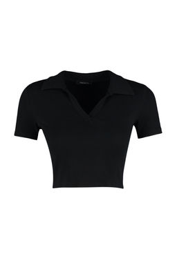 Siyah Fitted/Vucuda Oturan Crop Polo Yaka Fitilli Esnek Orme Bluz TWOSS21BZ0038