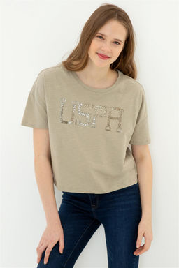 Женская укороченная футболка цвета хаки с круглым вырезом Неожиданная скидка в корзине - U.s. polo assn фото 2