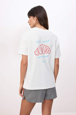 Ekru Bask?l? Oversize/Genis Kal?p K?sa Kollu %100 Pamuk Orme T-Shirt TWOSS26TS00116 - Trendyolmilla фото 4