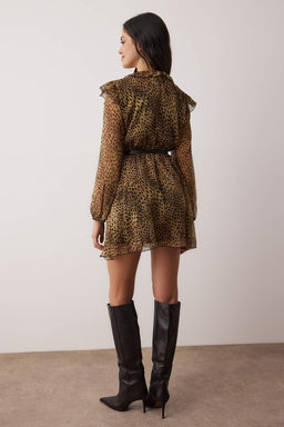 Kahverengi Kemerli Animal Kemerli K?sa / Mini Dokuma Elbise TWOAW26EL00359