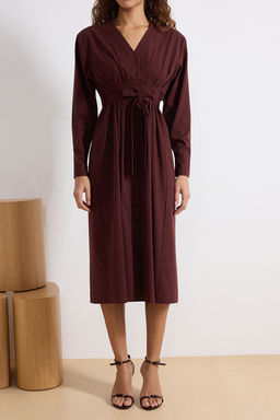 Kahverengi Kusakl? Dugmeli Midi Dokuma Gomlek Elbise TWOSS26EL00056