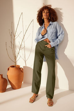 Haki %100 Keten Yuksek Bel Wide Leg Pantolon TWOSS24JE00246 - Trendyolmilla фото 5