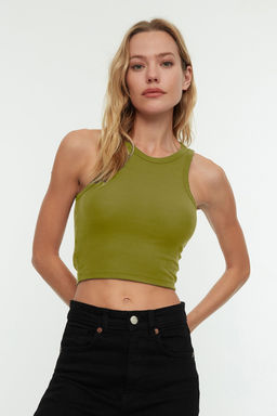 Yag yesili Fitted/Vucuda Oturan Crop Halter Yaka Fitilli Esnek Orme Atlet TWOSS21AL0050