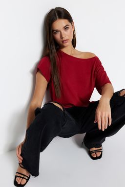 K?rm?z? %100 Pamuk Oversize/Genis Kal?p Kay?k Yaka Orme T-Shirt TWOSS20TS0140