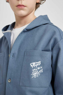 Рубашка из габардина с длинным рукавом и капюшоном для мальчика - Defacto фото 8