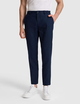 Lacivert Straight Fit Keten Kar___ml_ Beli Lastikli Kanvas Pantolon