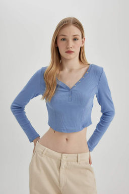 Coool Fitted V Yaka Crop Fitilli Kaskorse Uzun Kollu Tisort - Defacto фото 2