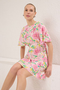 Pembe Cicekli A Kesim Viskon Mini Dokuma Elbise TWOSS24EL00632