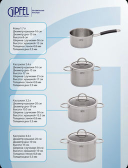1503 GIPFEL Набор посуды SIGNO 7пр. (ковш 16х8см/1,7л, кастрюля 16х12см/2,4л с крышкой, кастрюля 20х10,5см/3,2л с крышкой, кастрюля 20x14см/4,4л с крышкой), с индукционным капсульным дном. Материал: нерж. сталь 18/10. Толщина 0,8мм.