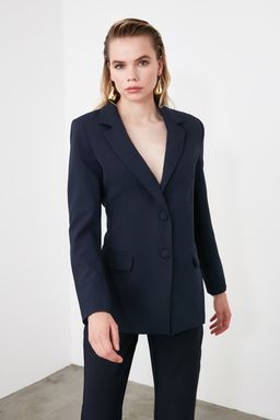 TRENDYOLMILLA Lacivert Regular Astarl? Dokuma Blazer Ceket TWOSS20CE0126  фото 13