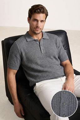 Gri Regular/Normal Kesim D__meli Dokulu Polo Yaka Triko T-shirt TMNSS26PO00027