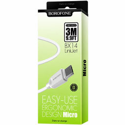 Кабель microUSB - USB, 3 м, "BX14", силиконовый, в коробке (6957531090380) "Borofone", белый, 2.4A