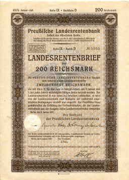 Облигация 4,5% 200 рейхсмарок 1937 года Германия  5555  красивый номер