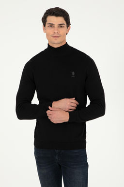 Erkek Slim Fit Yar_m Bo_azl_ Siyah Basic Kazak