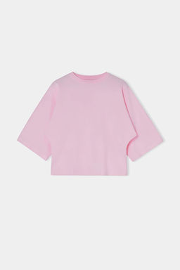 Wardrobe Essentials-Pembe Genis Kal?p Yarasa Kol %100 Pamuk Orme T-Shirt TWOSS26TS00047