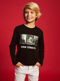 Bisiklet Yaka Atat?rk Bask?l? Uzun Kollu Erkek ?ocuk Ti??rt - Waikiki фото 5