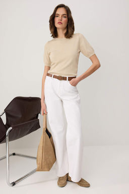 Beyaz Kemerli Yuksek Bel Wide Leg Genis Paca %100 Pamuk Non-Stretch Jeans TWOSS26JE00323