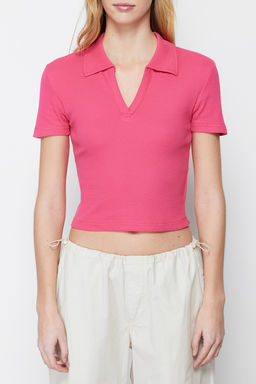 Fusya Fitted/Vucuda Oturan Crop Polo Yaka Fitilli Esnek Orme Bluz TWOSS21BZ0038
