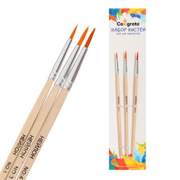 Набор кистей для рисования, синтетика, 3 штуки: № 1, 3, 4, круглые, деревянная ручка, международный размер