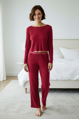 Bordo Slogan Lastik Detayl? Fitilli Orme Pijama Tak?m? THMAW21PT0269
