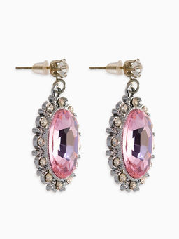 Серьги со стразами "Овал грань", цвет розовый в серебре