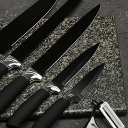 Набор кухонных принадлежностей Доляна «Супер-блек», 6 предметов: ножи 19 см, 23 см, 32 см, 32 см, керамическая овощечистка, 32×4 см, чёрный