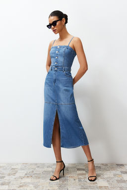 TRENDYOLMILLA Mavi Y?rtmacl? Dikis Detayl? Ask?l? Maxi Denim Elbise TWOSS24EL00544