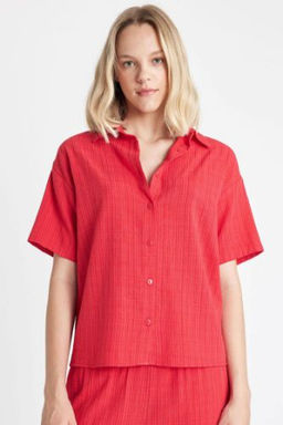 Oversize Genis Kal?p Keten Gorunumlu K?sa Kollu Gomlek