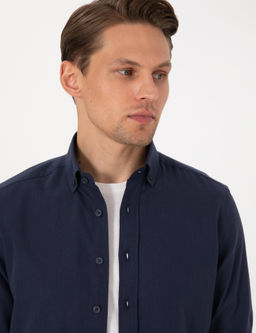 Koyu Lacivert Keten G_r_n_ml_ Slim Fit Uzun Kollu G_mlek