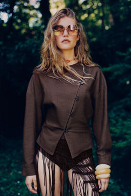 CHAQUETA CRUZADA CON LINO / Marr?n chocolate