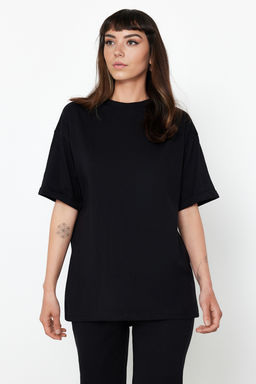 Siyah %100 Pamuk Oversize Kal?p Ispanyol Paca Orme T-shirt/Pantolon Alt-Ust Tak?m TWOSS24AU00059 - Trendyolmilla фото 2