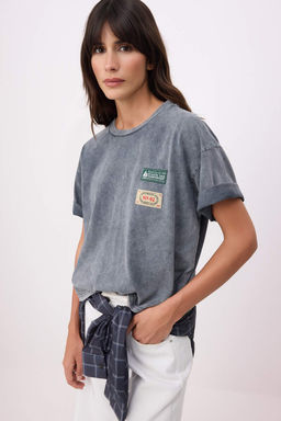 Antrasit Oversize/Genis Kal?p Eskitme/Soluk Efektli Tok %100 Pamuk Orme T-Shirt TWOSS26TS00088