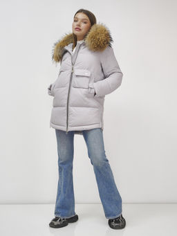Куртка Бренд Visdeer ПРЕМИУМ КЛАССА зимняя с мехом ЕНОТА, светло-серого цвета  фото 15