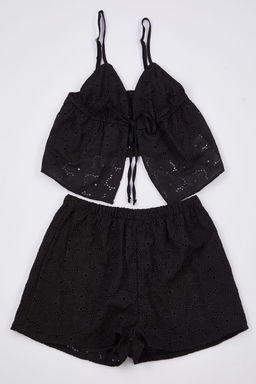 Trendyolmilla Mavi %100 Pamuklu Cicekli Astarl? Kendinden Desenli Sortlu Dokuma Pijama Tak?m? THMSS24PT00075