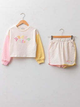 Bisiklet Yaka Bask?l? Uzun Kollu K?z ?ocuk Sweatshirt ve ?ort