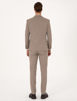 Bej Ex. Slim Fit Y_n Kar___ml_ _izgili Tak_m Elbise