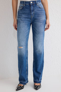 Mavi Y?rt?k Detayl? Yuksek Bel Duz Kesim Straight Jeans TWOSS25JE00155