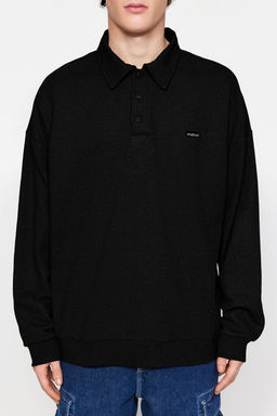 TRENDYOL MAN Siyah Erkek Oversize/Genis Kesim Etiketli Dokulu Pamuklu Polo Yaka Sweatshirt TMNAW24SW00224 - Trendyolmilla фото 15