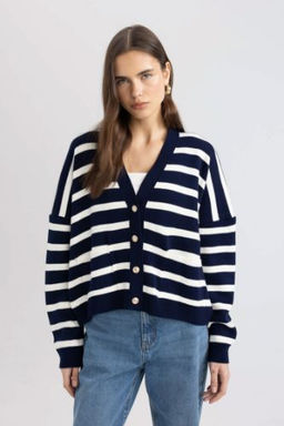 Oversize Genis Kal?p Genis Kal?p Cizgili V Yaka Triko H?rka