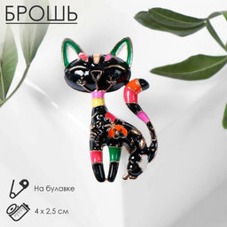 Брошь «Кошка», расписная, чёрная в золоте