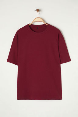 Basic Bordo Oversize/Genis Kesim Dokulu Waffle K?sa Kol T-Shirt TMNSS22TS00049