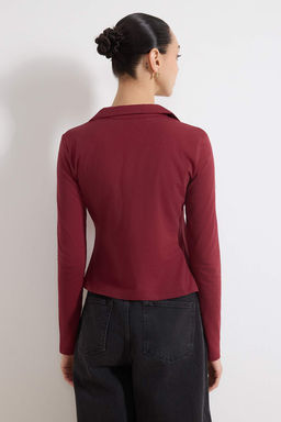 Bordo Fitted/Vucuda Oturan Polo Yaka Agrafl? Buzgulu Pamuklu Esnek Orme Bluz TWOSS26BZ00098