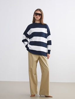 Bisiklet Yaka ?izgili Oversize Kad?n Triko Kazak