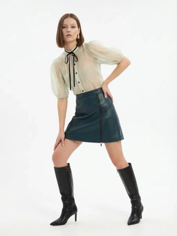 Юбка короткая из эко-кожи с молниями OD-1004-2, зеленая