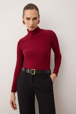 Bordo Fitted/Vucuda Oturan Uzun Kollu Dik Yaka Fitilli Esnek Orme Bluz TWOAW25BZ00078