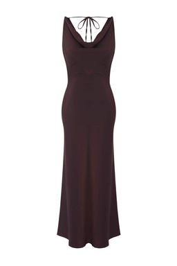 Kahverengi A-Kesim Degaje Yaka Saten Maxi S?k Elbise TPRSS25EL00318