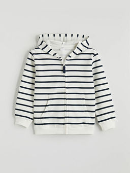 Kap??onlu ?izgili Erkek ?ocuk Fermuarl? Sweatshirt